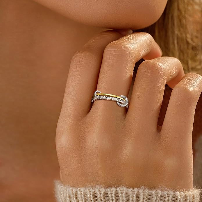 SUYACS 14K Gold Plated Interlocked Stackable Rings for Women Non Tarnish 925 Sterling Silver Mixed Metals Multi Statement Stack Ring Two Tone Connected Bands CZ Thumb Ring Jewelry Gifts