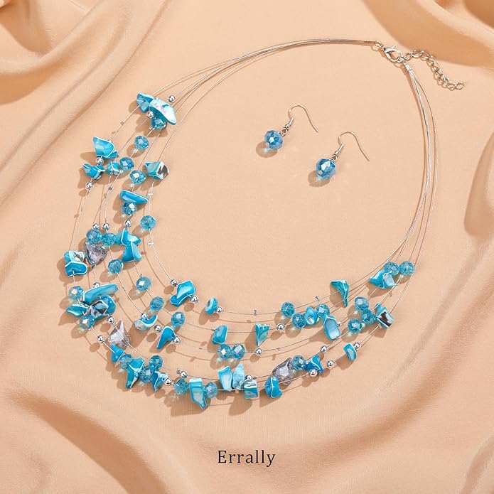 Multi-Layer Boho Shell Beaded Necklace for Women Colorful Crystal Strand with Silver Beads Statement Collars Necklace and Earrings Costumes Jewelry Sets for Women