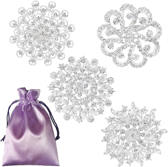kilofly 4pc Rhinestone Wedding Crystal Floral Fashion Brooch Pin + Gift Bag