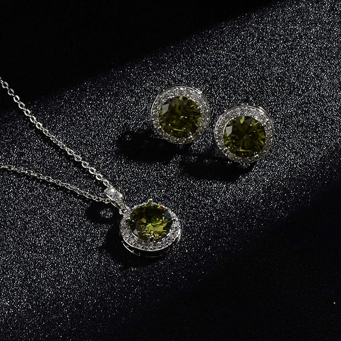 Bridal Crystal Jewelry Set - Sterling Silver Round Cubic Zirconia CZ Rhinestone Halo Birthstone Pendant Necklace Stud Earrings Set for Wedding Bride Bridesmaids Birthday Gift