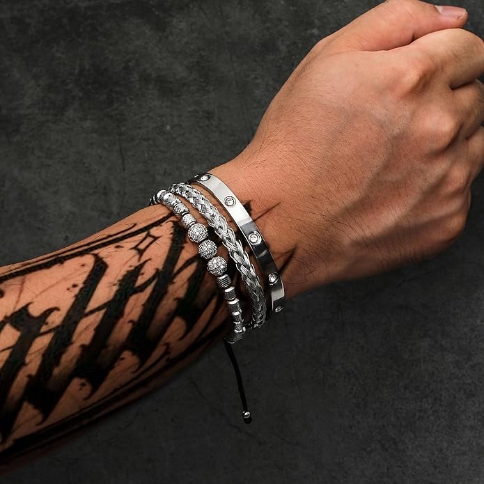 WFYOU 3PCS Stainless Steel Bracelets for Men Gold Roman Numeral Bangle Bracelet Twisted Cable Bracelet Adjustable Cuff Bracelet Mens Luxury Jewelry Bracelets Gifts