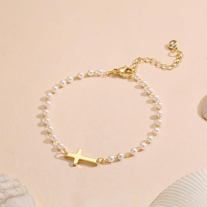 Moodear Christmas Gifts Sotcking Stuffers, Dainty 925 Sterling Silver/14k Gold Plated CZ Cross Bracelet Layered Snake Pearl Chain Knot Bracelets for Women Trendy Religious Christian Jewelry