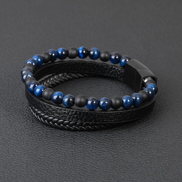 Gifts for Men - Layered Leather Beads Bracelet, Tiger Eye Lava Rock Stone Braided Leather Bracelets for Men Adjustable Magnetic Clasp Birthday Gifts