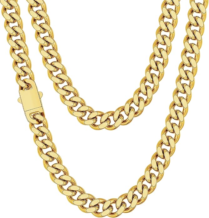 Fiusem Valentines Day Gifts for Him Silver Tone/Black/14K Gold Plated Chain Necklace for Men, 5mm/6mm/7.5mm/8mm/9mm Stainless Steel Cuban Link Chain Necklace, Men's Chains 18-28 Inch Jewelry Gifts