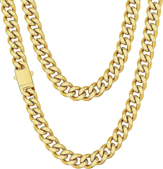 Fiusem Valentines Day Gifts for Him Silver Tone/Black/14K Gold Plated Chain Necklace for Men, 5mm/6mm/7.5mm/8mm/9mm Stainless Steel Cuban Link Chain Necklace, Men's Chains 18-28 Inch Jewelry Gifts
