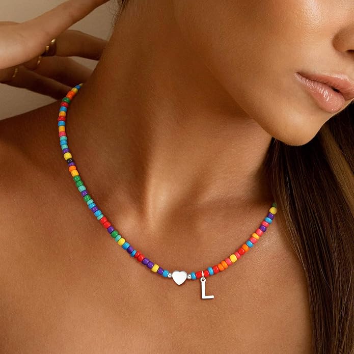 Colorful Initial Necklaces for Girls Women Kids - Teen Girls Gifts Trendy Stuff Beaded Initial Necklace Dainty Letter Choker Necklace for Girl Gifts Jewelry