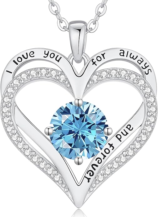 LOUISA SECRET Love Heart Birthstone Necklaces for Women, Birthday Gift for Girlfriend, Anniversary Jewelry Gift for Wife Her, 925 Sterling Silver Women Pendant Necklace, Mother's Day Christams Gift