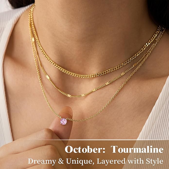 WomenGifts Layered Gold Necklaces for Women, 14K Gold Sterling Silver Plated Dainty Pendant Necklace Set with Cubic Zirconia Circle, Chunky Stackable Cuban Chain Choker, Trendy Personalized Birthstone Jewelry Gift Non Tarnish