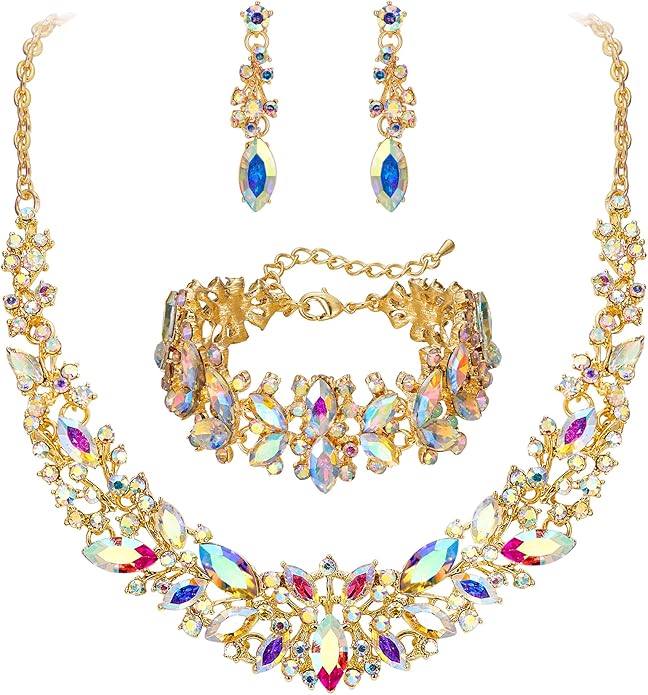 BriLove Women's Wedding Bridal Austrian Crystal Marquise Cluster Collar Necklace Dangle Earrings Set
