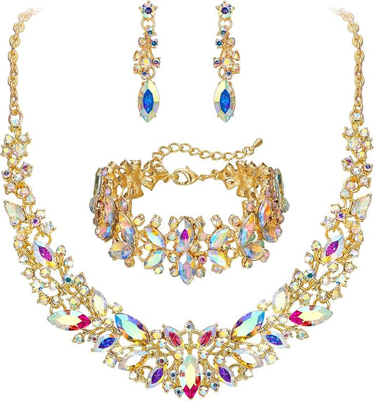 BriLove Women's Wedding Bridal Austrian Crystal Marquise Cluster Collar Necklace Dangle Earrings Set