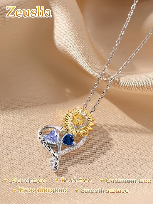 Zeuslia Double Birthstone Necklace Gifts for Wife - 925 Sterling Silver Sunflower/Rose/Crown Cross/Compass/Heart Pendant I Love You Necklace, Anniversary Birthday Gifts for Wife Girlfriend Mom Her