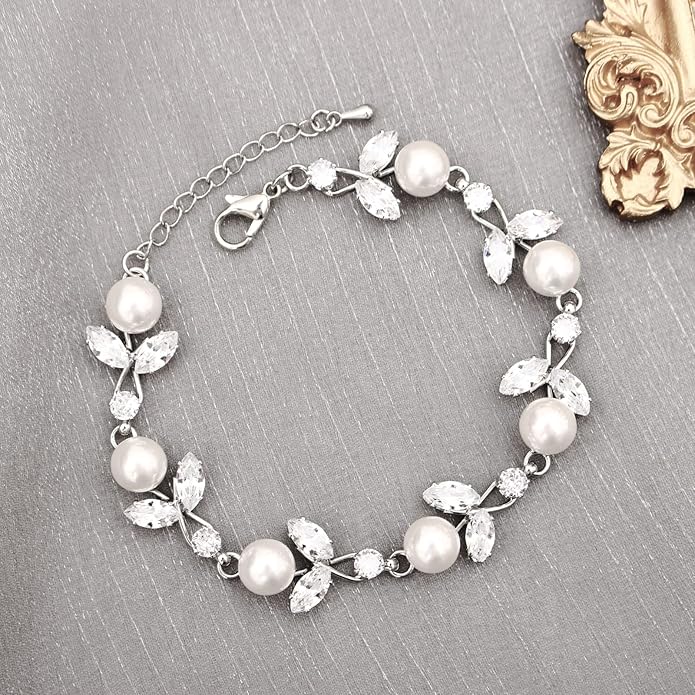 Luxury Cubic Zirconia Aurtrian Crystal Pearl Floral Necklace Dangle Earrings Wedding Bridal Jewelry Set Birthday Gifts for Her