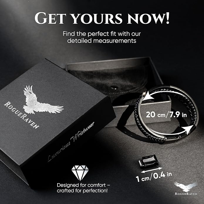RogueRaven Black Leather Bracelet for Men – Premium Collection – Brown Black Gold Silver | Genuine Leather Mens Bracelet with Stainless Steel Clasp [Adjustable] | In Luxury Gift Box