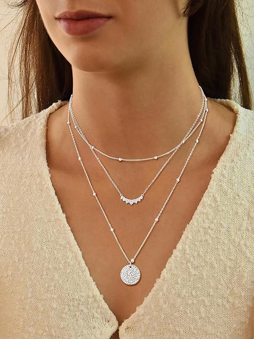 ASCOMY Gold Necklace for Women 14K Gold/Silver Plated Layered Necklaces Stackable Layering Cross Necklace Stacked Coin Pendant Pearl Herringbone Chain Stacking Gold Choker Trendy Jewelry Gift for Her