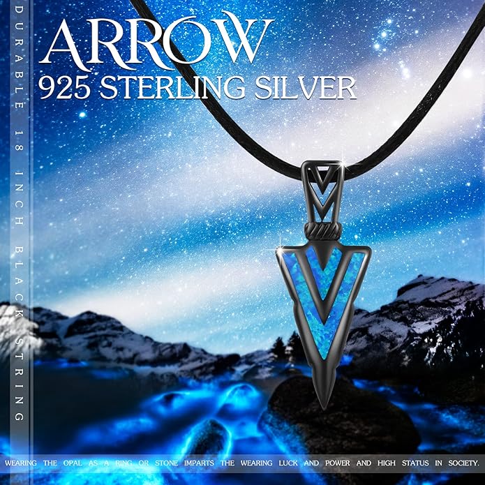 PCTJYFU Arrowhead Necklace 925 Sterling Silver for Women Men Pendant with Blue Opal/Abalone Shell/Turquoise Black Gold Plating Protective Symbol Jewelry Adjustable Chain Gift for Him Her