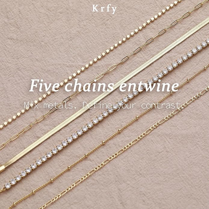 Krfy 5/6Pcs Gold Plated Bracelets for Women Trendy, S925 Plated Silver Bracelet Stack, Non Tarnish Waterproof Bracelets for Women, Paperclip Herringbone Figaro Cuban Twist Chains, Size 6.5''+2''
