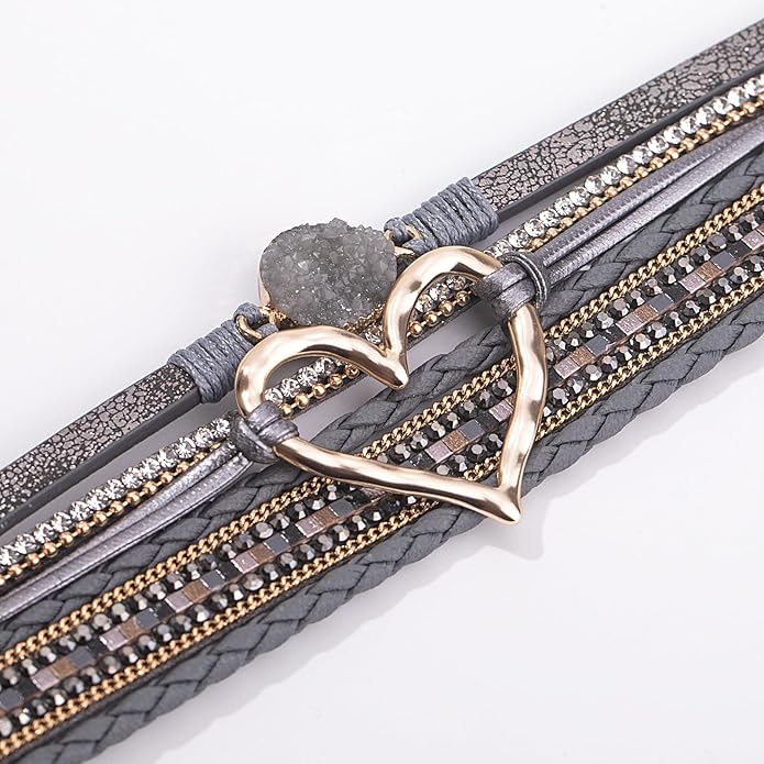 FANCY SHINY Heart Leather Wrap Bracelets Stackable Boho Cuff Bangles Trendy Resin Stone Rhinestone Bracelets with Magnetic Clasp for Women