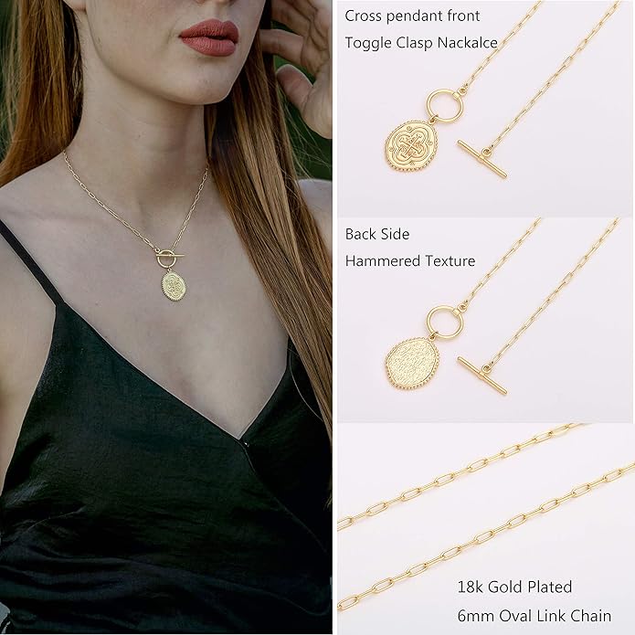CANEVINKA Dainty Cross Medallion/Heart Pendant Chain Necklace 18K Gold Plated Oval Choker Fashion OT Toggle Jewelry Handmade for Women Simple Gold Charm Necklace