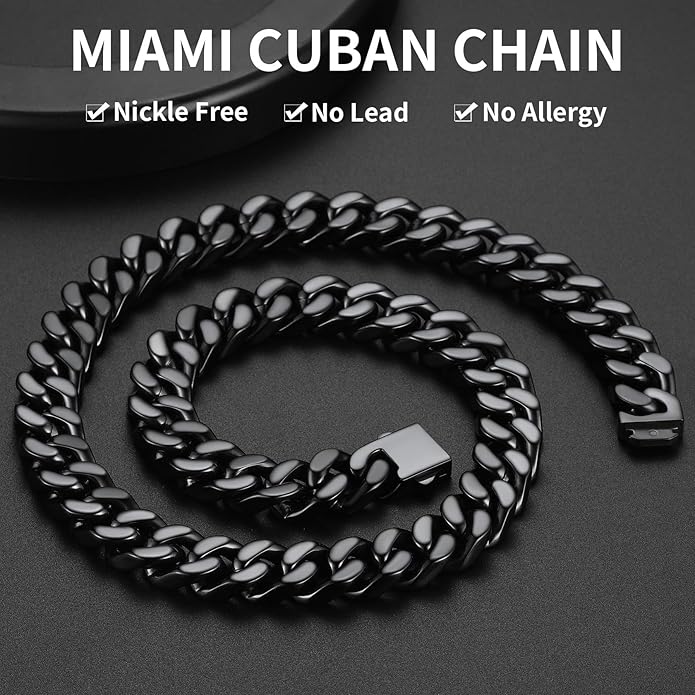 ChainsHouse Stainless Steel Mens Cuban Link Chain, Black/ 18K Gold Plated Miami Cuban Chain Necklace, 5mm/7mm/9mm/12mm/14mm Width, No Tarnish& Durable Hip Hop Mens Jewelry, 18"-30", Send Gift Box