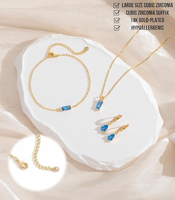 Birthstone 14K Gold Plated Bracelets Earrings Necklaces Jewelry Set， Blue Green May Cubic Zirconia，Friendship Bracelets Jewelry Gifts for Mom Best Friend Birthday