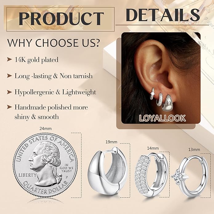 LOYALLOOK 3Pairs Gold Hoop Earrings Set for Women Trendy Huggie Hoop Earrings Stacks for Multiple Piercing 14K Gold Plated Chunky Hoop Earrings Set Hypoallergenic Cartilage Earring Lightweight