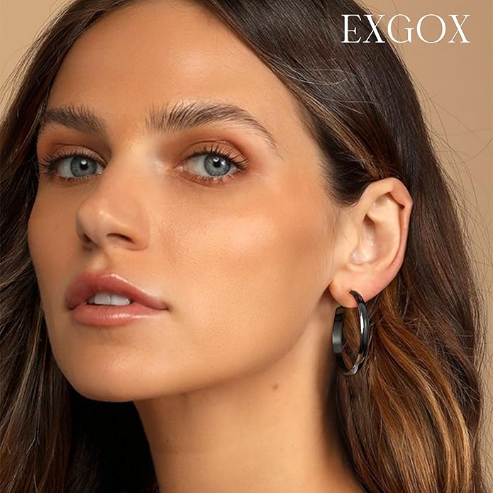 EXGOX 5mm Wide Gold Hoop Earrings for Women,Sterling Silver Hoop Earrings Large Silver Hoop Earrings Hypoallergenic Lightweight 14K Real Gold Plated Big Hoop Earrings for Women 30/40/50/60/70mm