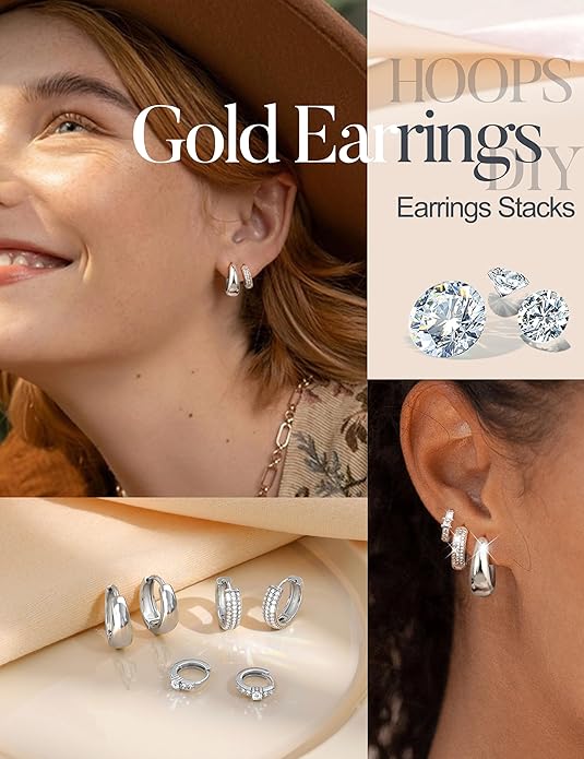 LOLIAS Small 14K Gold Plated Chunky Hoop Earrings for Women Hypoallergenic Silver Earrings Set for Sensitive Ears Non Tarnish Huggie Hoops Earring Stacks for Multiple Piercing Jewelry Lightweight 3Pairs