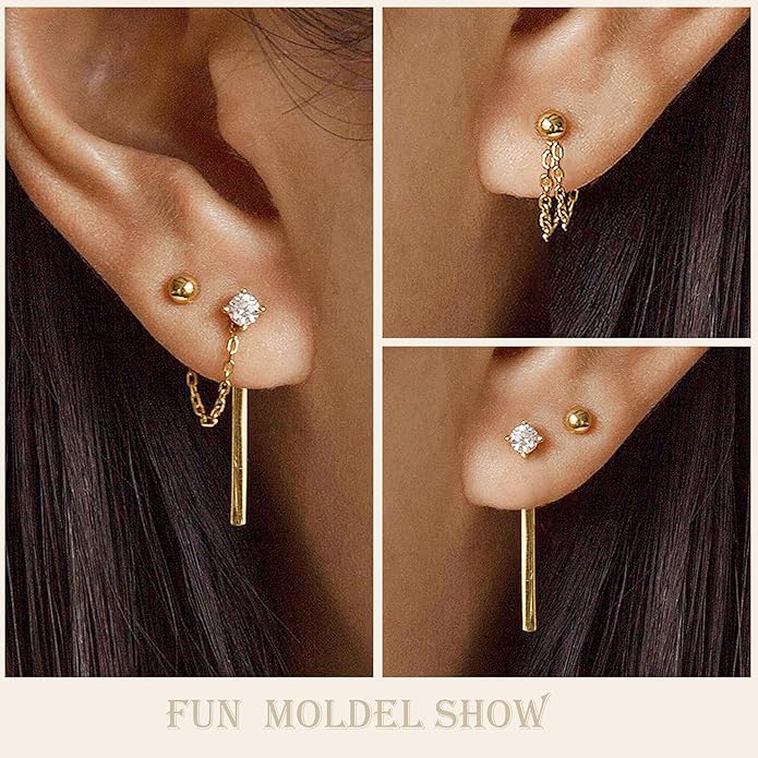 Freekiss Gold Chain Studs Earrings for Women Trendy: Hypoallergenic 14K Gold Plated Dangle Earrings Dainty Small Long Chain Earring Set Fashion Gold Jewelry for Women