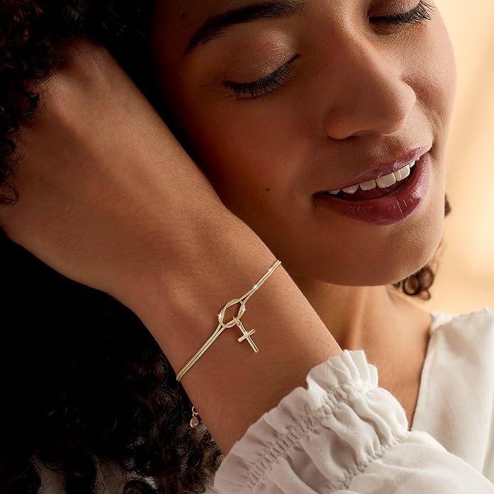 Moodear Christmas Gifts Sotcking Stuffers, Dainty 925 Sterling Silver/14k Gold Plated CZ Cross Bracelet Layered Snake Pearl Chain Knot Bracelets for Women Trendy Religious Christian Jewelry