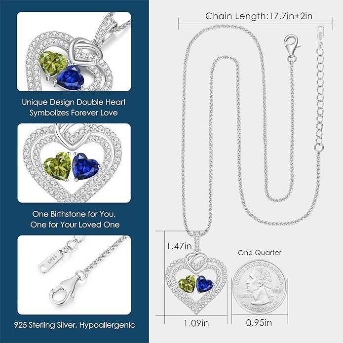 LOUISA SECRET Sparkling Double Heart Birthstone Necklaces for Women, 925 Sterling Silver Fine Jewelry, Pendant Heart Necklaces Birthday Anniversary Christmas Gift for Women Wife Mom Girlfriend Lady