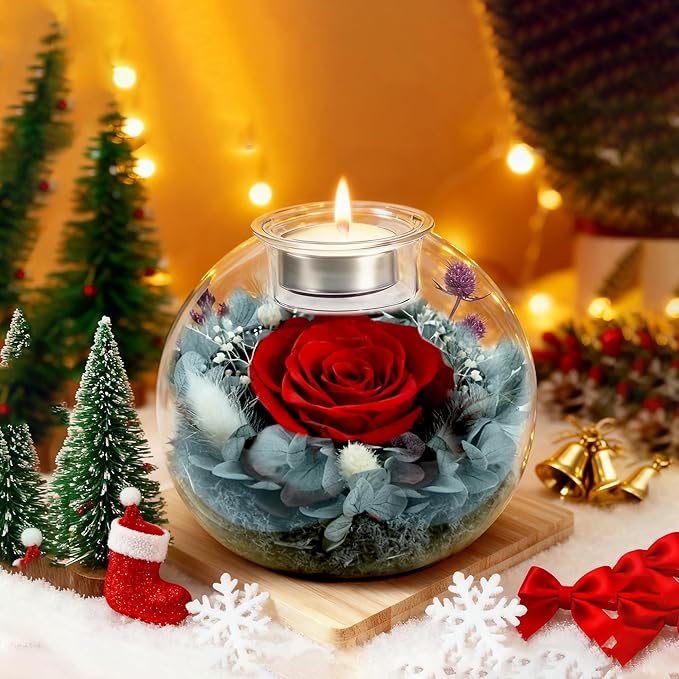 Forever Real Roses in Glass with Scented Candle, Christmas Gift Ideas Preserved Flower Christmas Gifts for Women Her Girlfriend Wife Mom on Valentines Birthday Anniversary Red