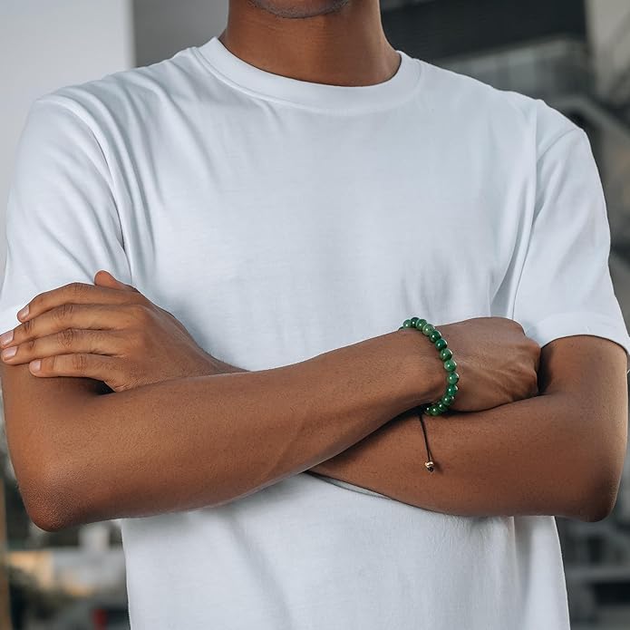 RTZN Jade Bracelet for Men – Premium Artisan Handcrafted Authentic Dark Green Jade Bracelet – 8MM Beaded Stone Mens Jade Bracelets