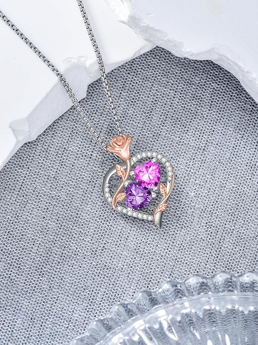 Christmas Gifts for Women Rose Heart Birthstone Pendant Necklace I Love You Forever Jewelry Valentine Mothers Day Birthday Gifts for Women Her Wife Girlfriend