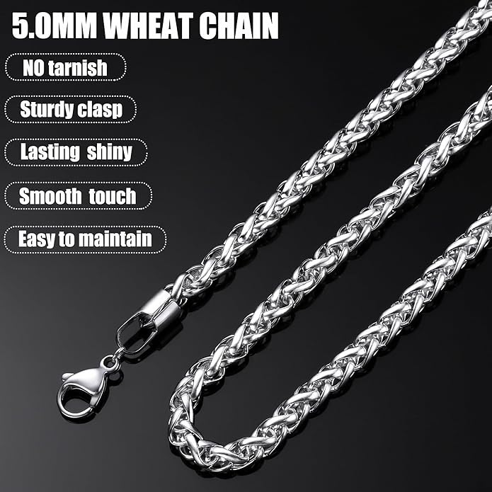 Fiusem Wheat Chains for Men and Women, 2/2.5/3/4/5mm Silver Tone/14K Gold Plated/Black Necklace Chain, Stainless Steel Mens Necklace 16-28 Inch
