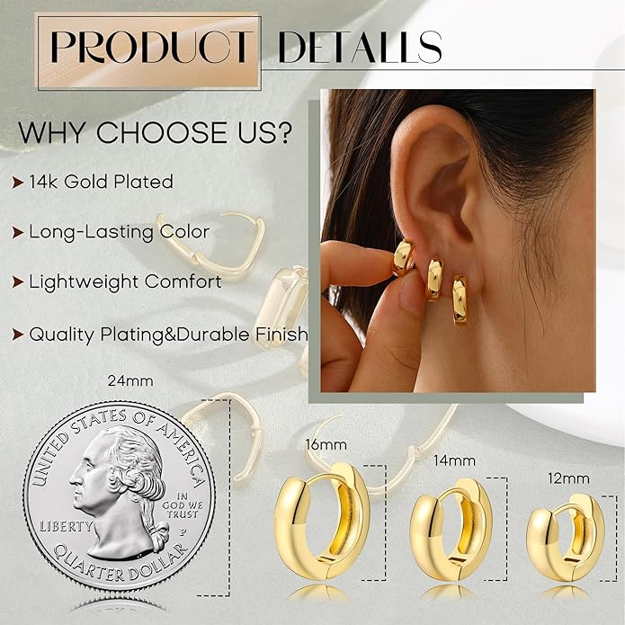 3Pairs Gold Hoop Earrings Set for Women, 14K Gold Plated Hypoallergenic Small Huggie Hoops Earrings for Women Trendy, Chunky Gold Earring Jewelry Gifts
