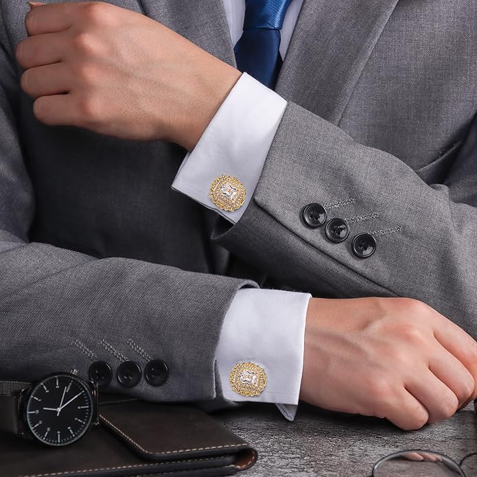 HAWSON Cufflinks for Men, Gold Diamond Crystal Cufflinks for Groom Husband Personalized Gifts, Mens Formal Wedding Business Cufflinks, Luxurious Gorgeous Cuff Links French Shirt Accessories