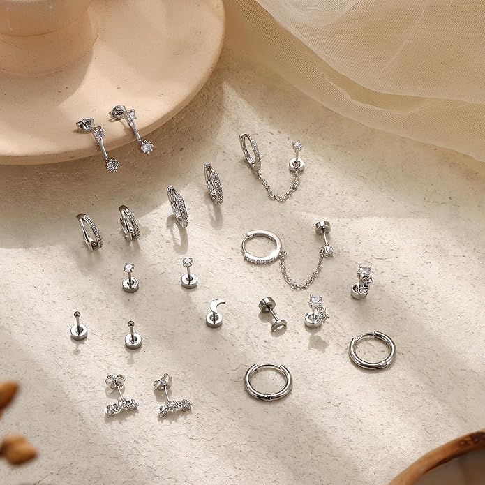 Florideco 14K Gold Plated Earrings for Women Hypoallergenic 20G Surgical Stainless Steel Flat Back Stud Earrings Dainty Stackable Earring Stacks Small Cartilage Earring Sets for Multiple Piercing