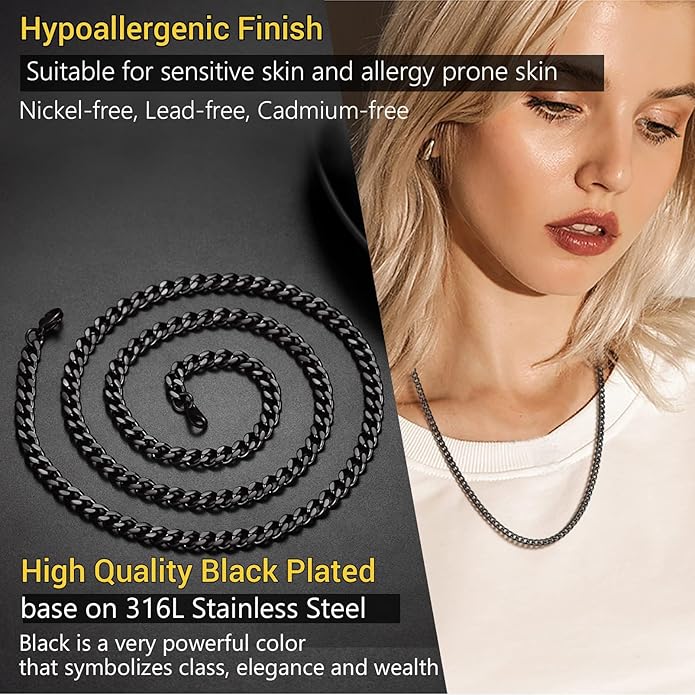 PROSTEEL 316L Stainless Steel Figaro Cuban Chain Necklace for Men, Black/18K Real Gold Plated, 4/5/6/7.5/9/10/13mm, 14inch-30inch, Come with Box