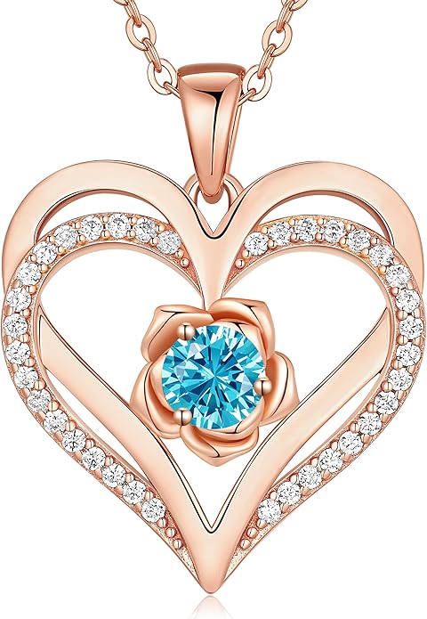 CDE Christmas Gifts for Women S925 Silver Rose Gold Heart Birthstone Necklaces for Women，Ideal Anniversary or Birthday Jewelry Gifts for Wife Girlfriend Her