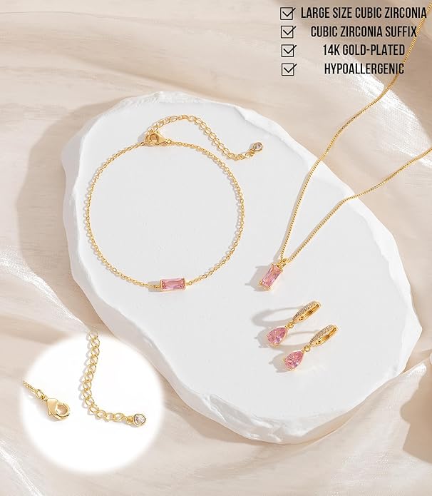 Birthstone 14K Gold Plated Bracelets Earrings Necklaces Jewelry Set， Blue Green May Cubic Zirconia，Friendship Bracelets Jewelry Gifts for Mom Best Friend Birthday
