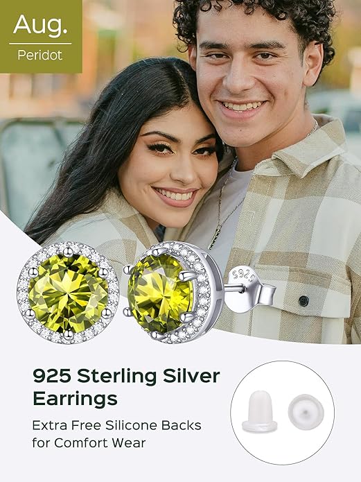 ChicSilver 925 Sterling Silver Birthstone Earrings for Women, 8MM/2 Carat Heart & Round Cubic Zirconia Stud Earrings, Hypoallergenic Jewelry, Ideal Birthday or Christmas Gifts