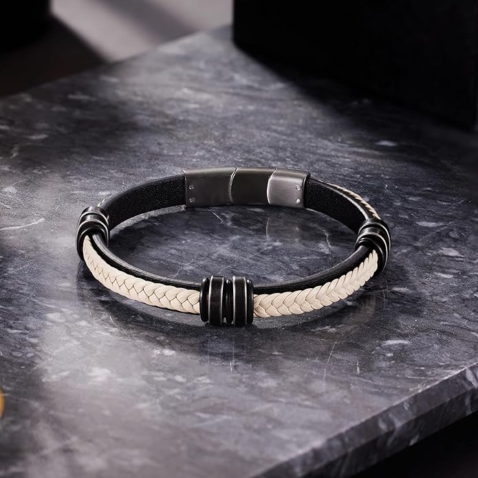 Leather Bracelet for Men with Adjustable Stainless Steel Magnetic Clasp Multi-Layer Braided Mens Leather Bracelet
