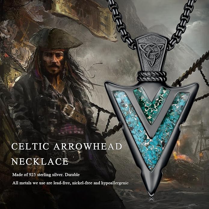 Suiknsn Arrowhead Necklace for Men Women 925 Sterling Silver Turquoise Malachite Celtic/Eye of Horus/Viking Arrow Pendant Amulet Jewelry Gifts Native American Necklace