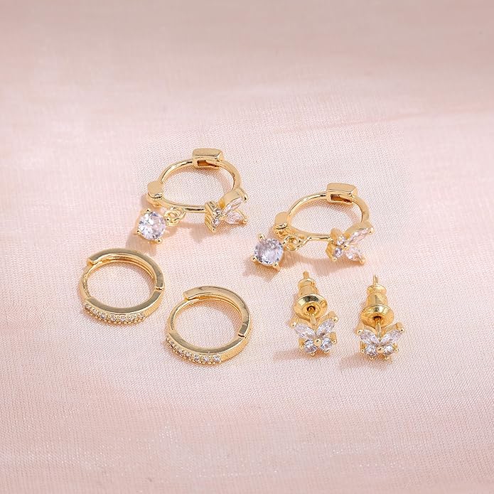 Gold Plated Earrings for Women, 14k Gold Plated Earring Stack Hypoallergenic Pearl Drop Earring Dainty Earrings for Women Trendy Cute Small Huggie Hoop Earring Fashion Womens Jewelry