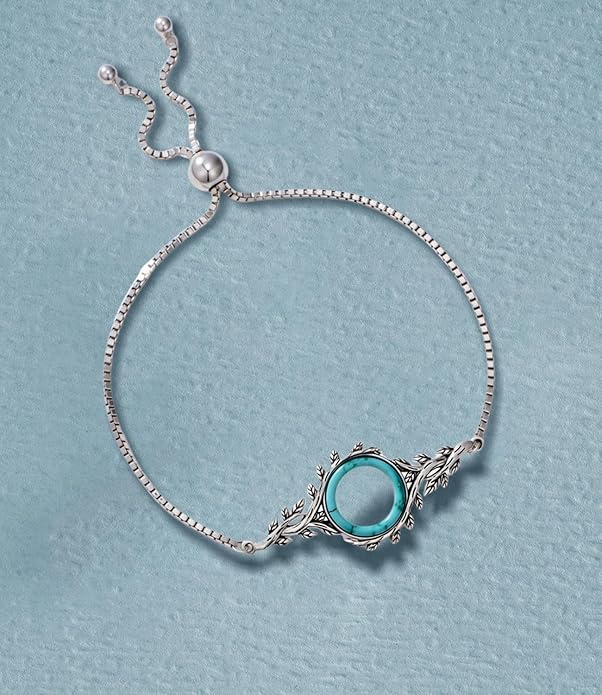 Genuine Circle Turquoise Bracelet for Women Adjustable 6 to 8 inch 925 Sterling Silver Leaf Jewelry with Natural Gemstone for Her Wife Mom