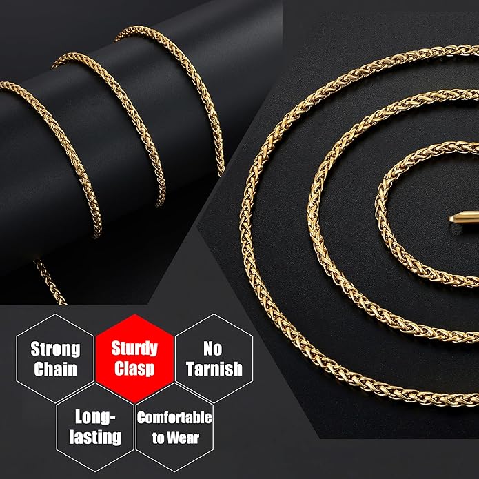 Fiusem Wheat Chains for Men and Women, 2/2.5/3/4/5mm Silver Tone/14K Gold Plated/Black Necklace Chain, Stainless Steel Mens Necklace 16-28 Inch