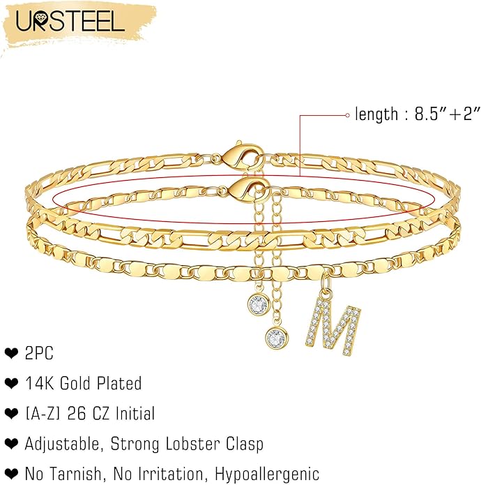 Ursteel Ankle Bracelets for Women, 14K-Gold-Plated Dainty Layered Chain CZ Initial Anklets Set Summer Jewelry Gifts for Women