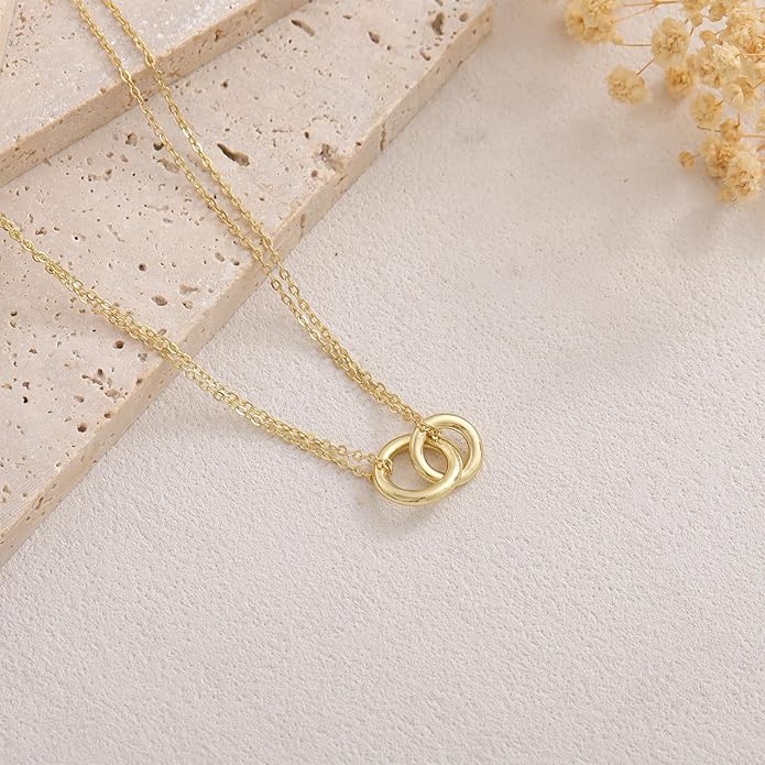 Gold Necklace for Women, Dainty 14K Gold Plated Pendant Necklaces for Women Trendy Simple Choker Chain Cubic Zirconia Circle/Interlocking/Sun Necklace Fashion Jewelry Birthday Christmas Gift