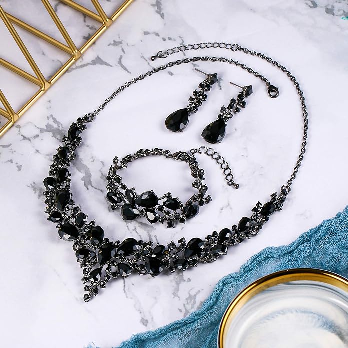 BriLove Wedding Bridal Jewelery for Women Austrian Crystal Teardrop Cluster Statement Necklace Dangle Earrings Link Bracelet Set