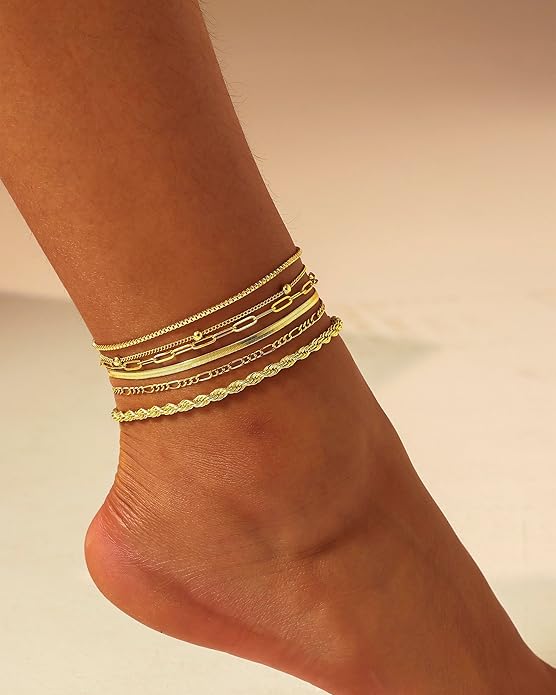 DEARMAY 14K Gold Plated Ankle Bracelets for Women Waterproof - Dainty 6Pcs Anklets Layered Cuban Link Chain Herringbone Cute Anklets Set Pack Summer Beach Jewelry Gift for Women Teen